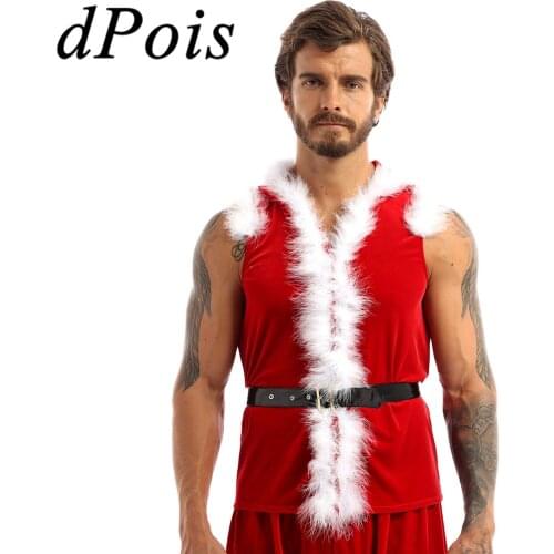 Men Christmas Santa Cosplay Costume Velvet Sleeveless Faux Fur Trimming Hooded Coat with Leather Waistband Xmas New Year Clothes