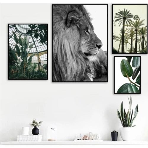 Nordic Lion Elephant Animal Wall Art Poster Green Leaf Art Print Tropical Tree Plant Canvas Painting Landscape Living Room Decor