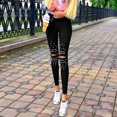 2018 New Fashion Women Denim Skinny Ripped Pants High Waist Stretch Hollow Out Jeans Slim Pencil Trousers