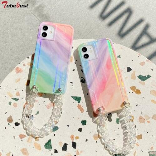 Tobebest Rainbow Gradient Bracelet Soft Phone Cases for iPhone 12 Pro Max 11 Pro Max X XS XR 7 8 Plus 12mini Chain Back Cover