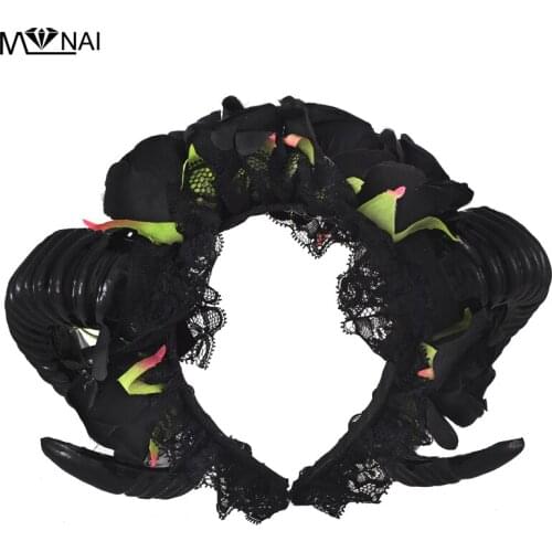 Manual Aries Steampunk Black Roses Flowers Sheep Horn Ear Hair Hoop Forest Animal Photography Exhibition Cosplay Headband Access