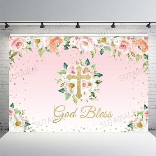 Holy Communion Baby Shower Backdrop Floral My First Communion Baptism Party Background for Girl Pink Flower God Bless Decoration