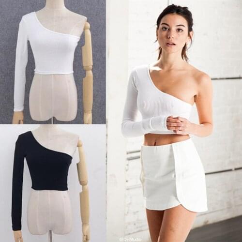 One Shoulder Long Sleeve Camisole Top Femal Knitted Crop Top Women Tops Streetwear Elastic Short Knitting Cropped Cami Tees