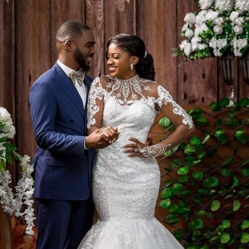 Gorgeous Mermaid Wedding Dresses High Neck Long Sleeve Sweep Train Beads Appliques Illusion Bodice Courthouse Bridal Gowns vesti