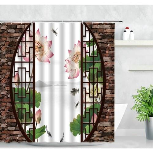 Pink Lotus Chinese Style Shower Curtain Green Leaves Retro Brick Wall Pattern Creative Modern Bathroom Curtain Waterproof Decor