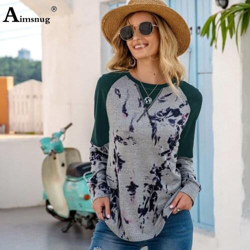 Aimsnug Tie Dry Print Female T-shirt Vintage 2020 Spring Autumn Round Neck Loose Tees Top Patchwork Women Casual Shirt Pullovers