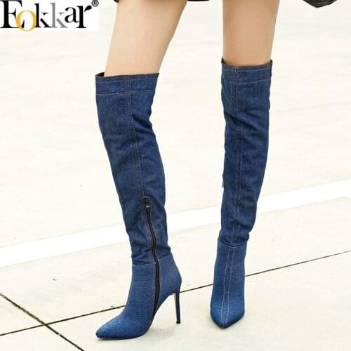 Eokkar 2020 Denim Over The Knee High Boots Women Sexy Stiletto Heels Thigh High Boots High Heel Zip Female Boots Big Size 34-45