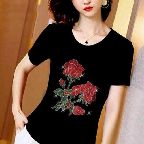 2021 womens Rhinestone bead short sleeve t-shirts Female diamond Tops white Beading printing bicycle woman summer Cotton Tees