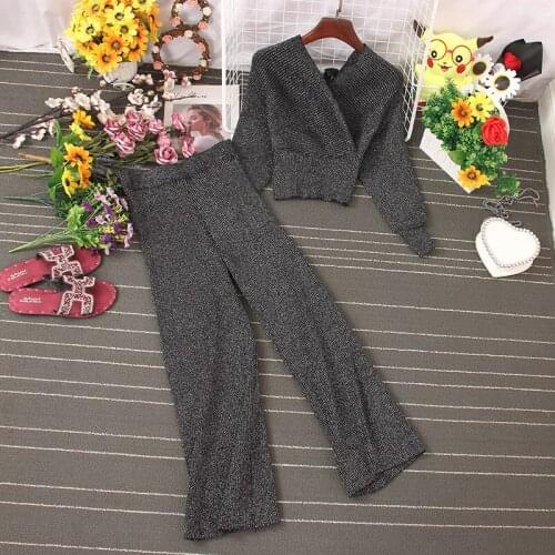 Elgant Fashion Women Shining Knitted Two Pieces Set Autumn Winter V Neck Bat Sleeve Sweater Top + Elastic Wide Leg Long Pants