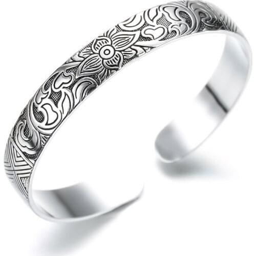 Vintage 925 Silver Color Jewelry Lotus Retro Leaf Black Bracelet for Women Wedding Jewelry Fashion Statement Dropshipping