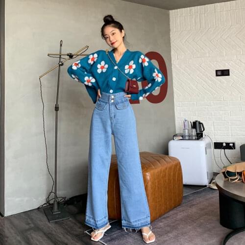 Long Sleeve Kawaii Style Flower Knit Cardigans Sweater Women Vintage Lazy Sexy V Neck Loose Elegant Coat Spring Cardigan Jacket