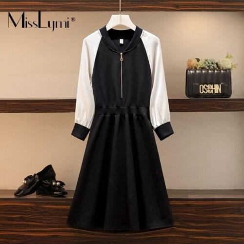 L-4XL Large Size Women Patchwork Long Sleeve Sports Dresses Autumn 2021 Fashion Casual Loose Collect Waist A-line Short Dress
