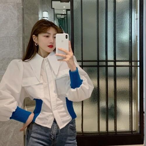 2021 New Design Color Contrast Lantern Sleeve Turn Down Collar Shirts Women Top Autumn and Winter