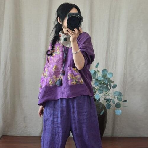 Women Loose Patchwork Linen Blouse Tops Ladies Vintage Short Shirt Female Summer Autumn Blouse 2021