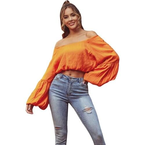 Spring Off Shoulder Lantern Sleeve Tops Women Sexy Orange Short Shirt Female Fashion Loose Ladies Tops Streetwear Blouse Female