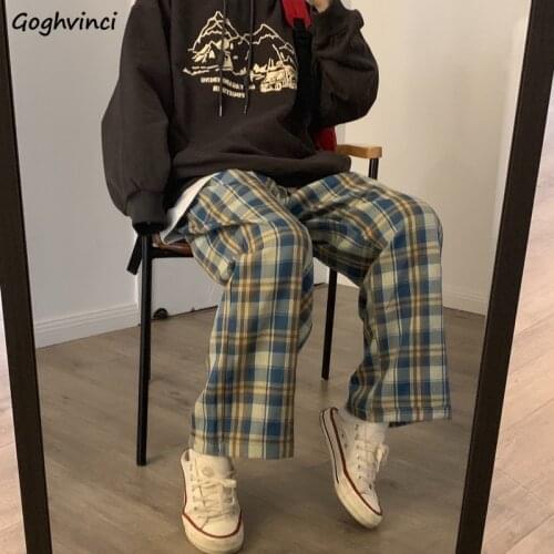 Casual Pants Women Korean Style High Street Loose Wide Leg All-match INS Plaid Straight-leg Spring Summer Autumn Elastic Waist