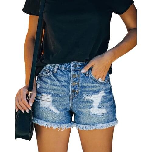 Women Summer Casual Holed Denim Straight Wash Denim Shorts Jeans