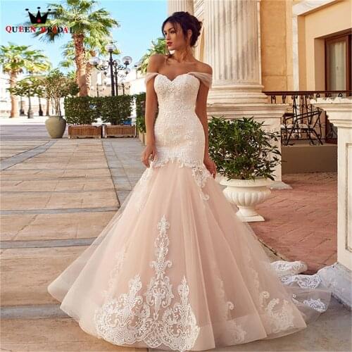 Elegant Pink Mermaid Wedding Dresses 2021 New Design Tulle Lace Long Formal Bride Dress Custom Made DE22