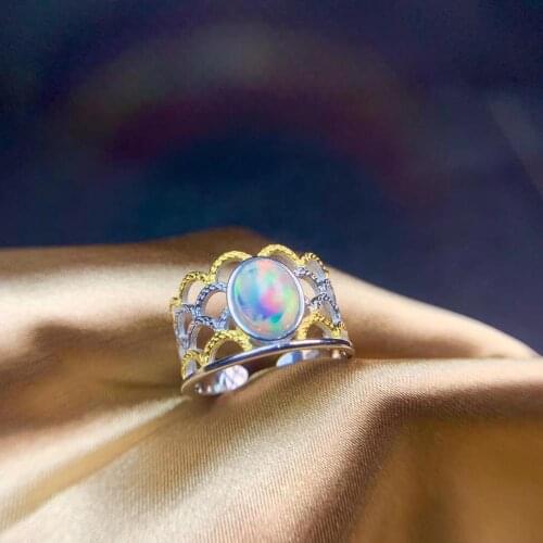 Crown style Natural Opal gemstone ring beautiful fireworks color real 925 silver adjustable size girlfriend birthday gift