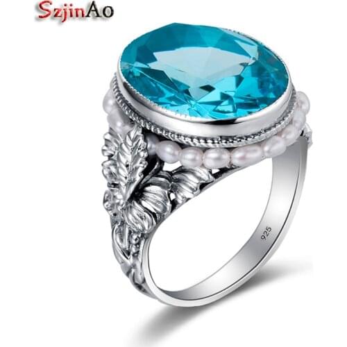 Szjinao Oval Natural Freshwater Pearls Aquamarine Silver Ring March Birthstone Big Stone Women Brand Bulgaria Jewelry Wholesale