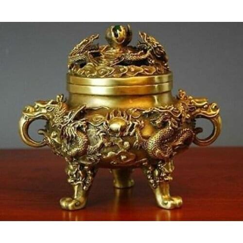 Collectible Chinese Brass Nine Dragons Kowloon incense burner