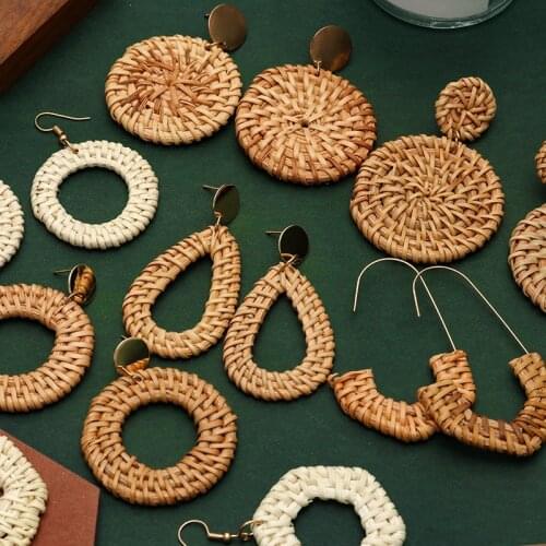 Korean Fashion Bamboo Wooden Straw Pendant Womens Earrings For Women Vintage Round Oval Geometric Earrings 2021 Trend Jewelry