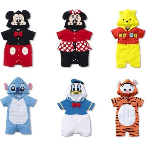 Disney Mickey Minnie Stitch summer baby clothes cotton hooded men and women baby style one-piece clothes cartoon romper