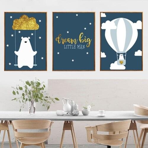 Cute Cartoon Bear Hot Air Balloon Canvas Painting Childrens Room Kindergarten Dream Big Posters Bedroom Wall Art Decor Pictures