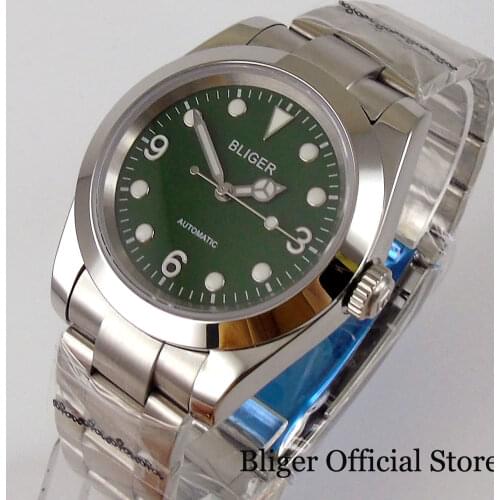 BLIGER Polished 39mm Automatic Men Watch 24 Jewels NH35A Movement Oyster Strap Luminous Dial Screw Down Cown Sapphire Glass