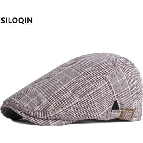 SILOQIN Adjustable Size Mens Check Berets Snapback Cap Autumn British Retro Thin Fashion Casual Tongue Hat Male Bone Sports Cap