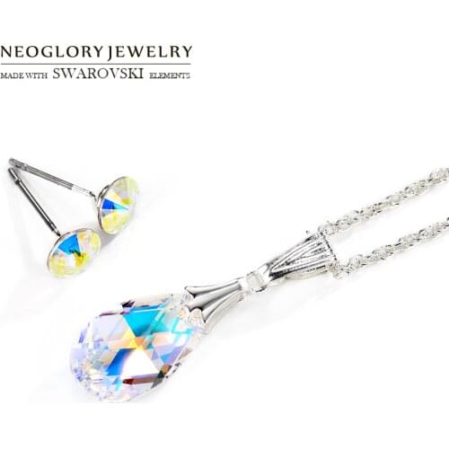 Neoglory Crystal Jewelry Set Trendy Water Drop Stainless Post Necklace & Earrings Lady Embellished With Crystals From Swarovski