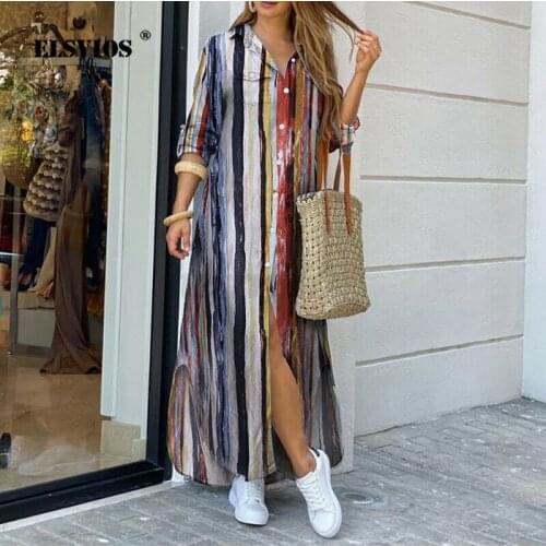 New Summer Womens Turn-down Collar Printed Shirt Dress Buttons Elegant Maxi Party Dress Spring Long Sleeve Office Lady Dresses