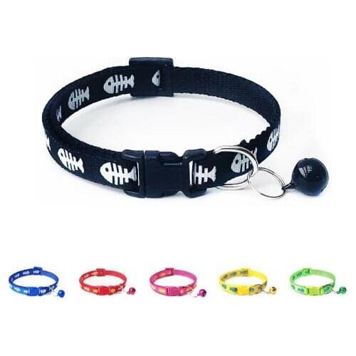 Adjustable Cat Collar Cute Fishbone Print Breakaway Nylon Pet Puppy Dog Kitten Cat Collar with Bells 19-32cm 1.0cm Drop Shipping