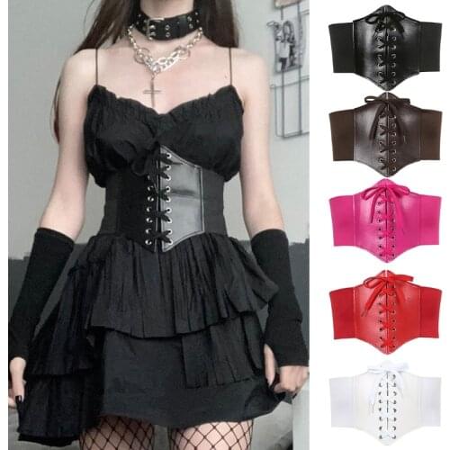 Ultra Super Wide Tied Waspie Belt for Dress Elastic Lace-up Cinch Belt PU Leather High Waist Black Corset Belt for Women