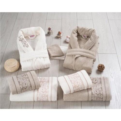 Frolic, which is Embroidered Luxury 8 Piece Coffee Cream Robe Set Size M-L