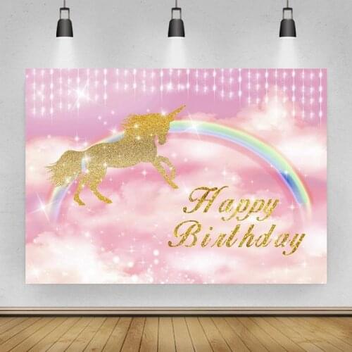 Pink Clouds Rainbow Golden Unicorn Portrait Photography Background Vinyl Backdrop Happy Birthday Photocall Studio Booth Props