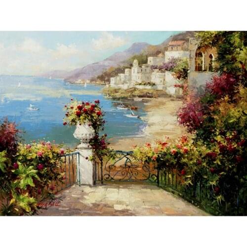 Hand painted oil paintings seascapes Overlooking The Harbor modern Landscapes Mediterranean art for wall decor