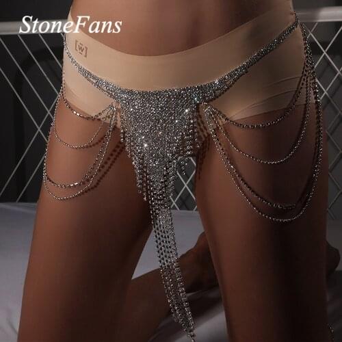 Stonefans Sexy Rhinestone Long Tassel Thong Body Chain for Women Summer Beach Crystal Waist Chain Bikini Party Festival Jewelry