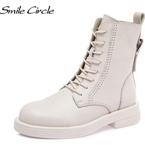 Smile Circle Ankle Boots Women Platform Boots Cow Leather zipper Ladies Shoes Casual Short Motorcycle Boots Autumn