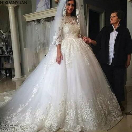 Vestido De Noiva 2021 Lace Tulle Wedding Dresses Bridal Gowns Illusion 3/4 Sleeve Beaded Wedding Dress Robe De Mariee