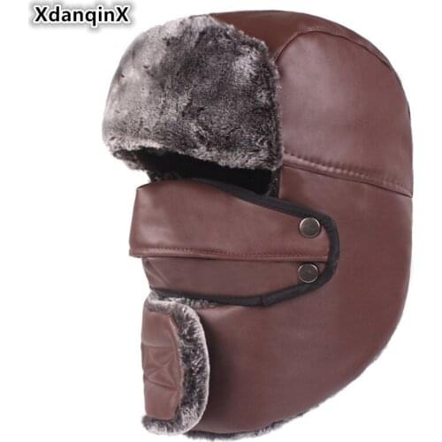 XdanqinX Winter PU Super Thick Warm Bomber Hats For Men And Women Plush Warmer Womens Earmuffs Caps Windproof Hat Mens Ski Cap