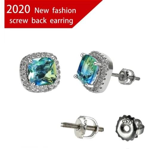 Square Cut Blue Green Zircon Screw Back Earrings For Women Wedding Jewelry Female Rainbow Crystal Stone Stud Earrings Cute Gifts