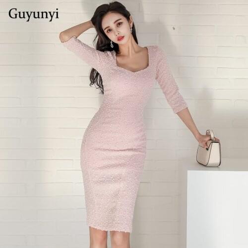High Waist Tight Dress 2021 Spring Square Collar 3/4 Sleeves Elegant Pencil Dress Simple Temperament Party Pink Dress Women