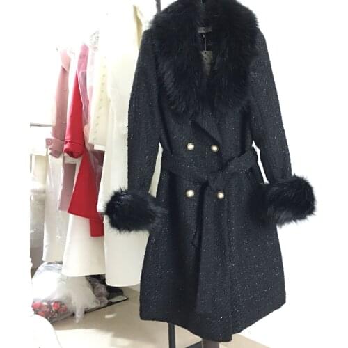 Autumn winter small fragrance tweed woolen coat women bright silk mid-length slim fur collar double breasted overcoat