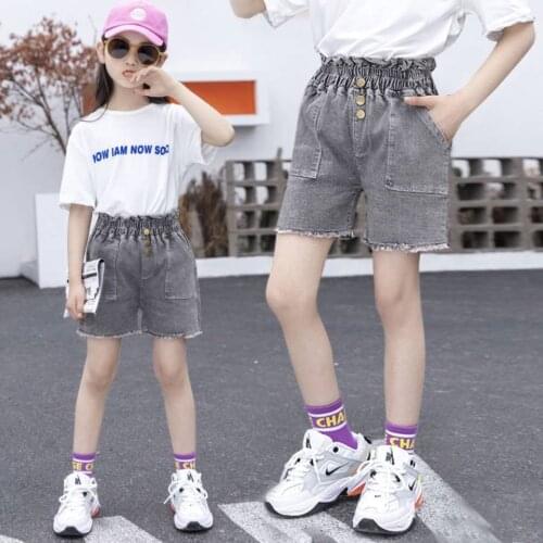 3-12Years Summer Clothing Infant Baby Girls Shorts Jeans High Waist Eastic Band Solid Ripped Big pocket Letter Denim Shorts
