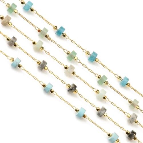 1m/lot Gold Plated Wire Wrapped Rosary Chain Flat Round Stone Bead Chains for Jewelry Making DIY Bracelet Neckalce Accessories