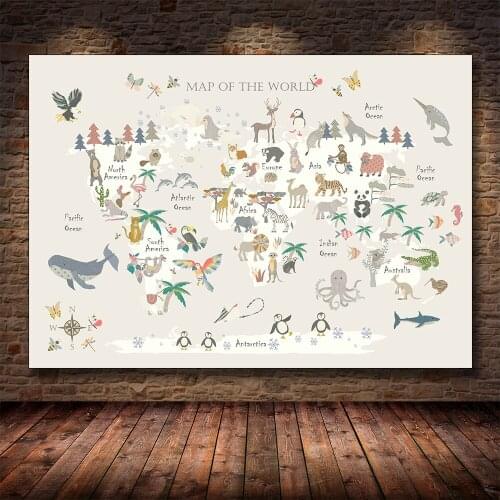 Kids Wildlife World Map Canvas Painting Colorful Nursery Wall Art Prints Picture Baby Room Home Decor Cuadros Para El Hogar