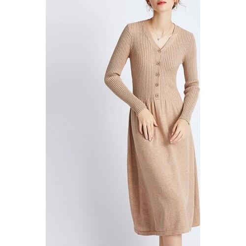Elegant Lady Long Chic Knitting V-Neck Knitted Long Sleeve Basic Dress Mori Girl 2021 Spring