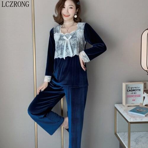 Elegant Ladies Velvet 2pcs/set Pajamas Set Women Spring Long Sleeve Square Collar Nightgowns Slim Plus Size Sleepwear Suits