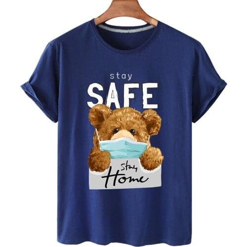 100% Cotton Mask Bear Print Short-sleeved T-shirt Female Half-sleeved Summer Casual Couple Oversized T-shirt Ladies Shirt S-4xl